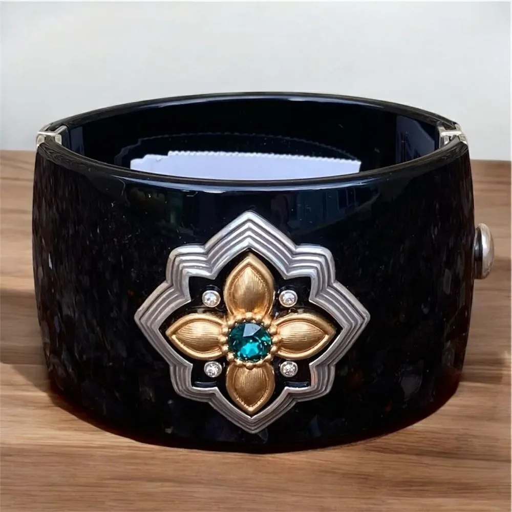 NWT New Brighton Monarch Joy Hinged Black/Silver Gold Bangle w/Green Crystal